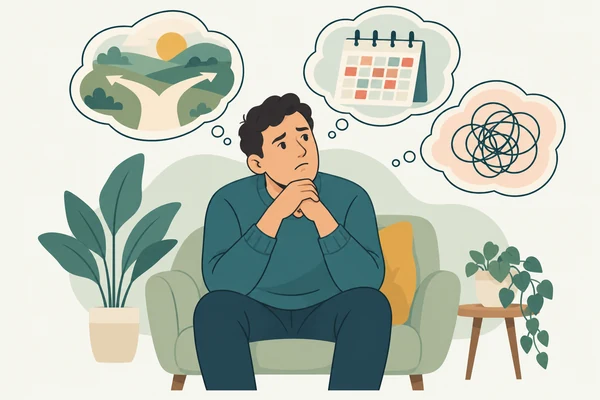 Illustration of a person caught up in several worried thoughts.