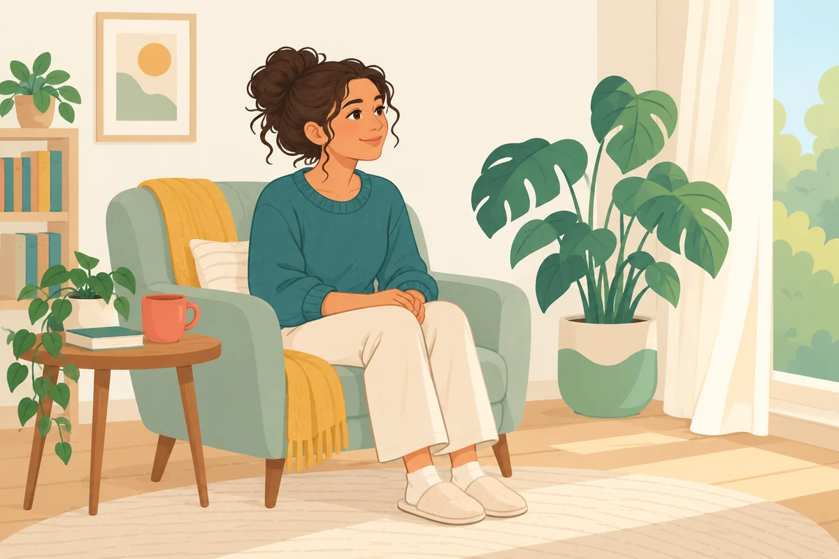 An illustrated person sitting comfortably with both feet on the floor.