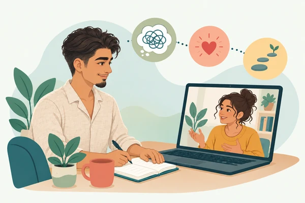 Illustration of Shav and a client exploring thoughts, feelings and practical changes in an online CBT session.