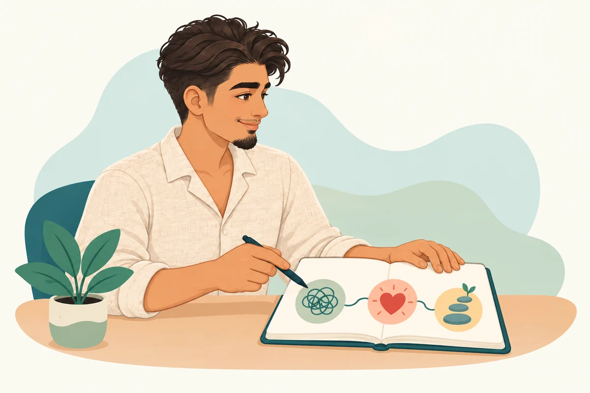 Shav using a notebook to explain an idea in an online therapy session.