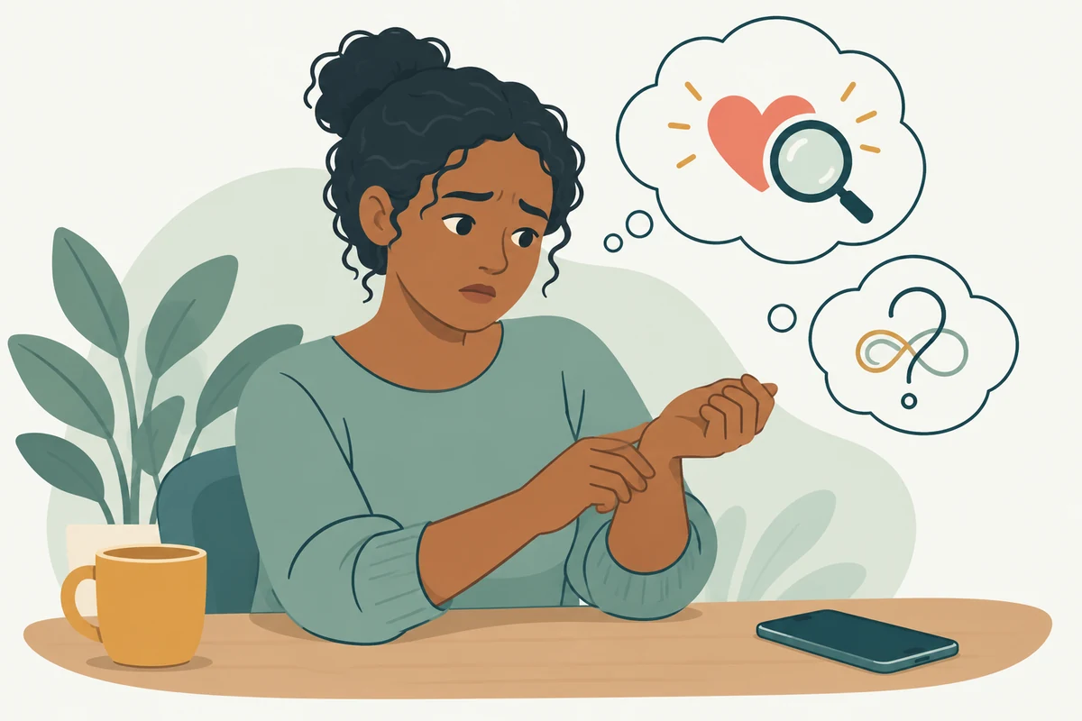 Illustration of a person checking their pulse with a phone nearby and worried thoughts about health.