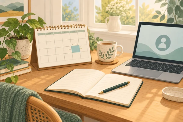 Illustration of a planner, notebook and laptop set up for regular online therapy sessions.