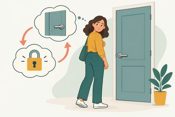 Illustration of a person caught in a loop of doubt and checking a closed door.