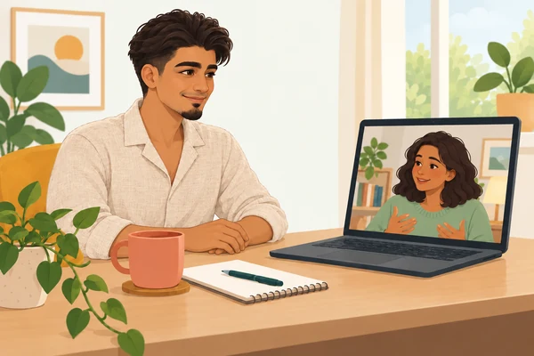 Illustration of Shav listening to a client during an online CBT session.