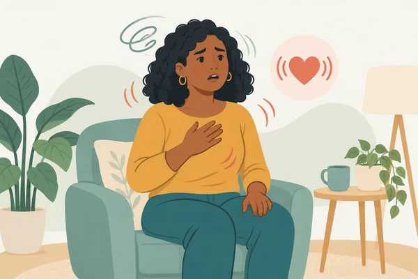 Illustration of a person noticing a racing heartbeat and other panic sensations.