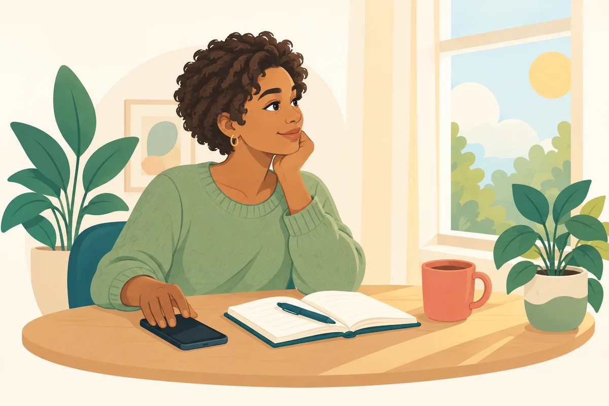 An illustrated person putting their phone down for a moment beside an open notebook.