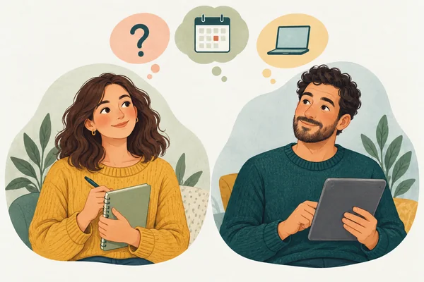 Two people considering their questions about starting therapy.
