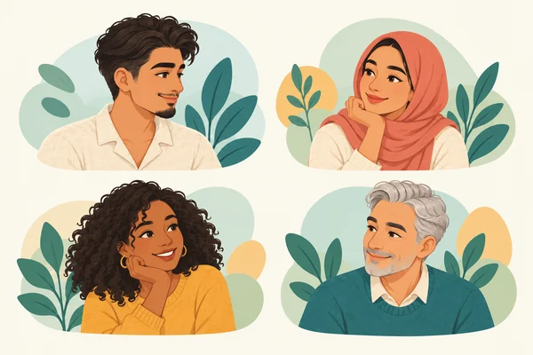 Illustrated portraits of adults from different backgrounds.