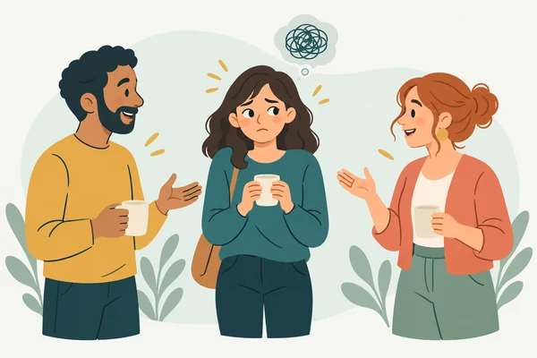 Illustration of a person feeling self-conscious during a friendly conversation.