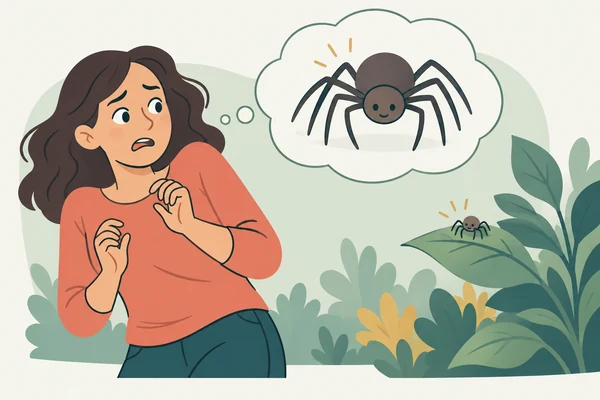 Illustration of someone feeling afraid of a small spider, with the fear magnified in a thought bubble.