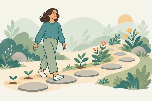 Illustration of a person taking gradual steps along a gently curving path.