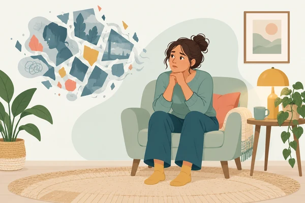 Illustration of distressing memories intruding while someone sits in the present.