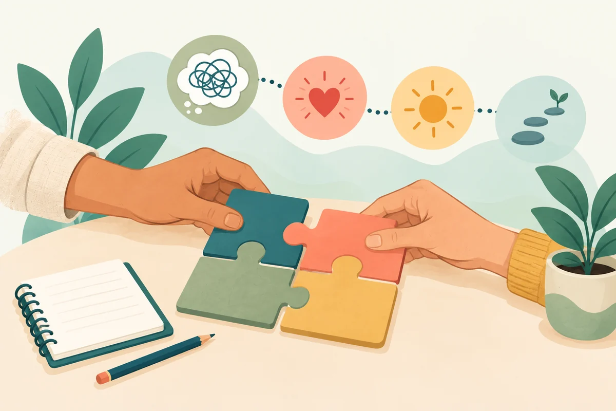 An illustrated conversation about understanding a pattern in therapy.