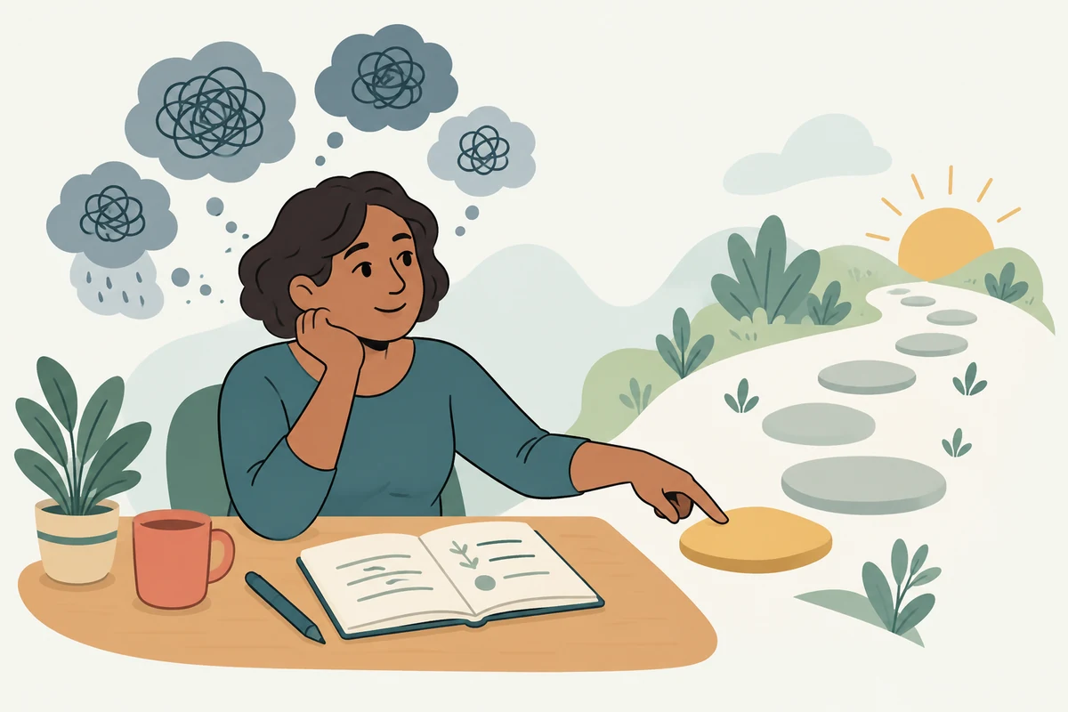 An illustrated person considering a manageable next step.